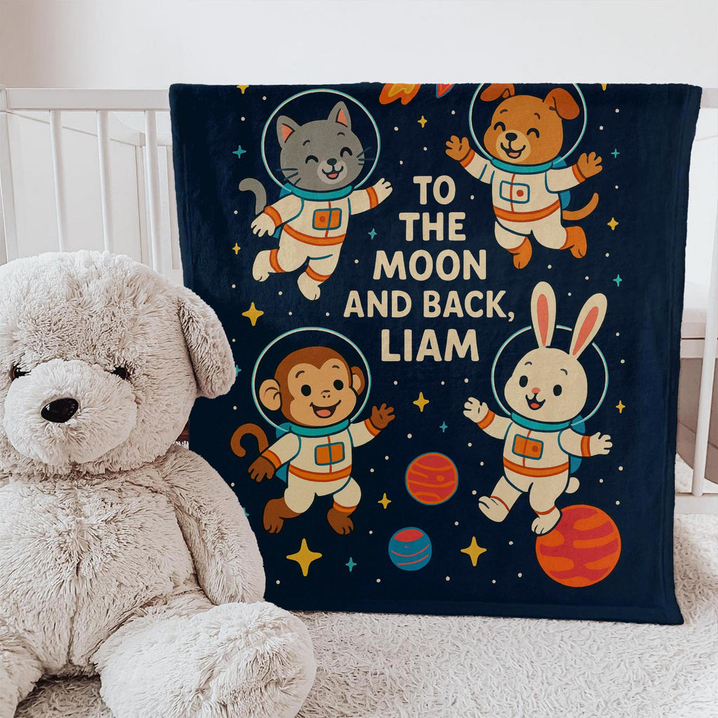 Personalized Space Adventure Baby Blanket: Astronaut Animals Nursery Decor