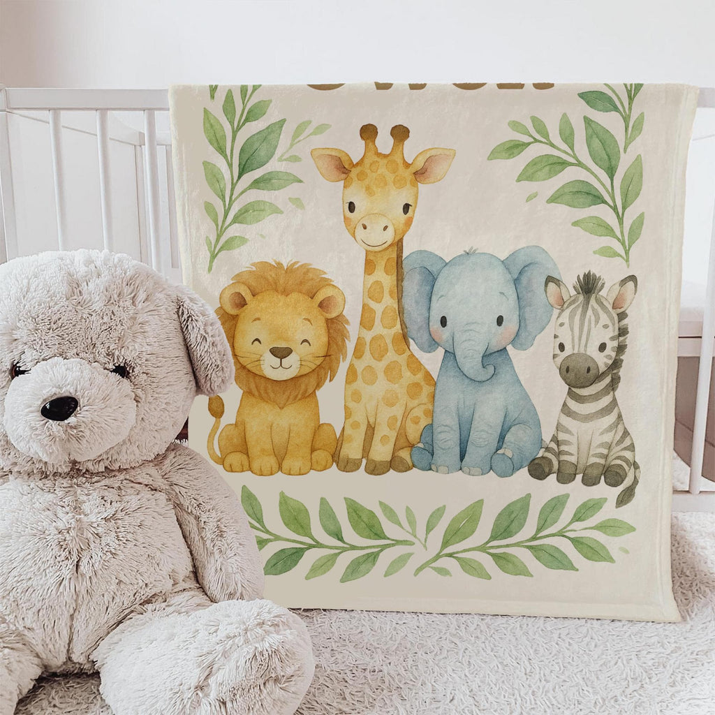 Personalized Safari Baby Blanket: Watercolor Jungle Animals, Custom Nursery Decor