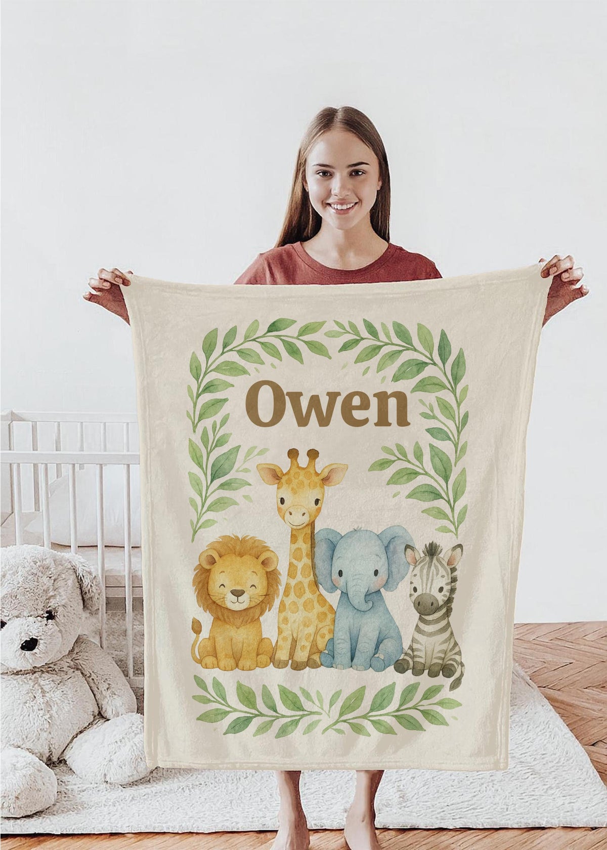 Personalized Safari Baby Blanket: Watercolor Jungle Animals, Custom Nursery Decor