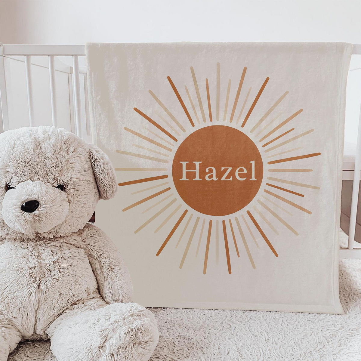 Minimalist Boho Sunburst Personalized Baby Name Blanket
