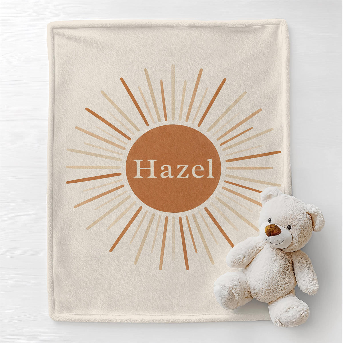 Minimalist Boho Sunburst Personalized Baby Name Blanket