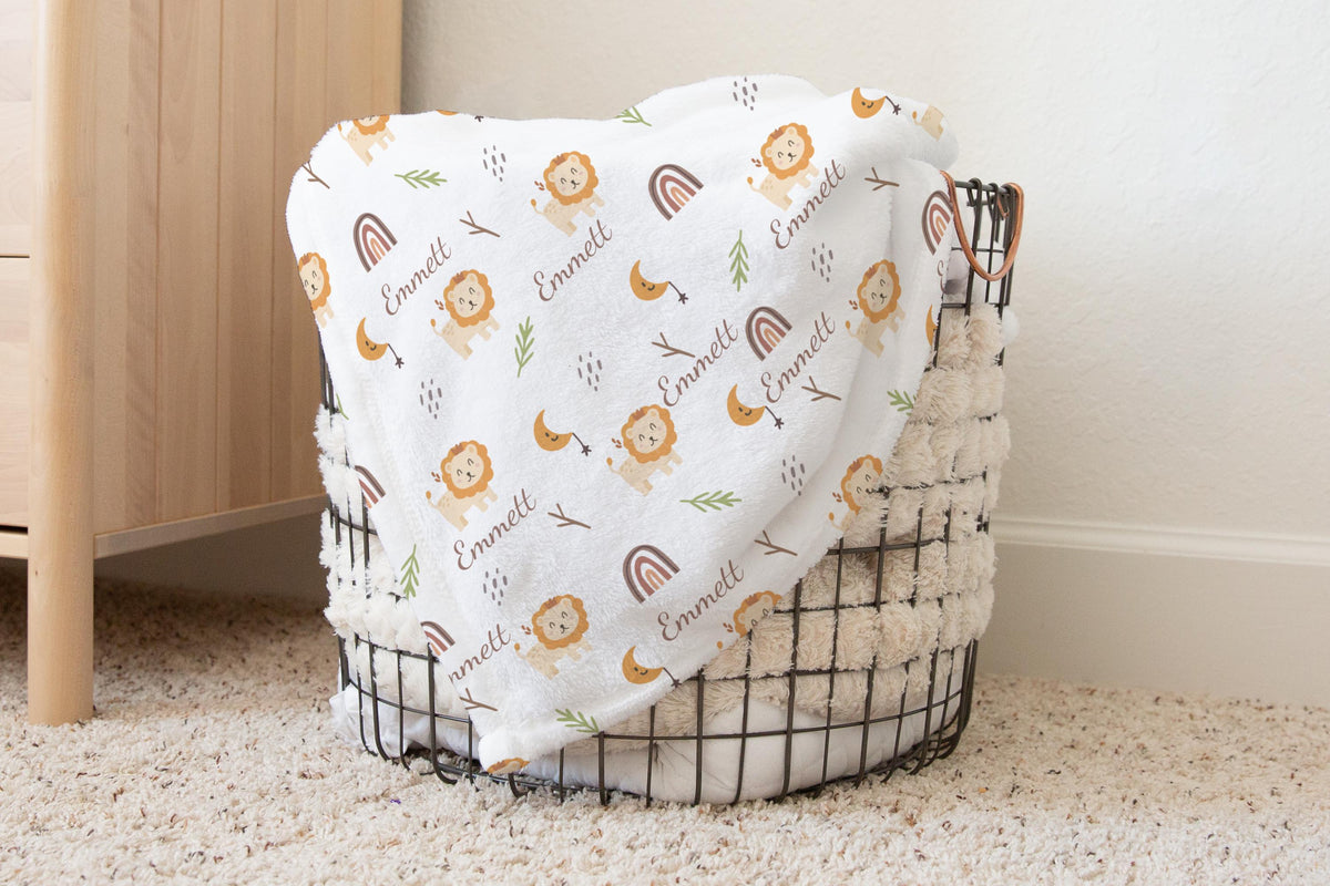Personalized Boho Safari Baby Blanket: Lion, Rainbow, Jungle Nursery