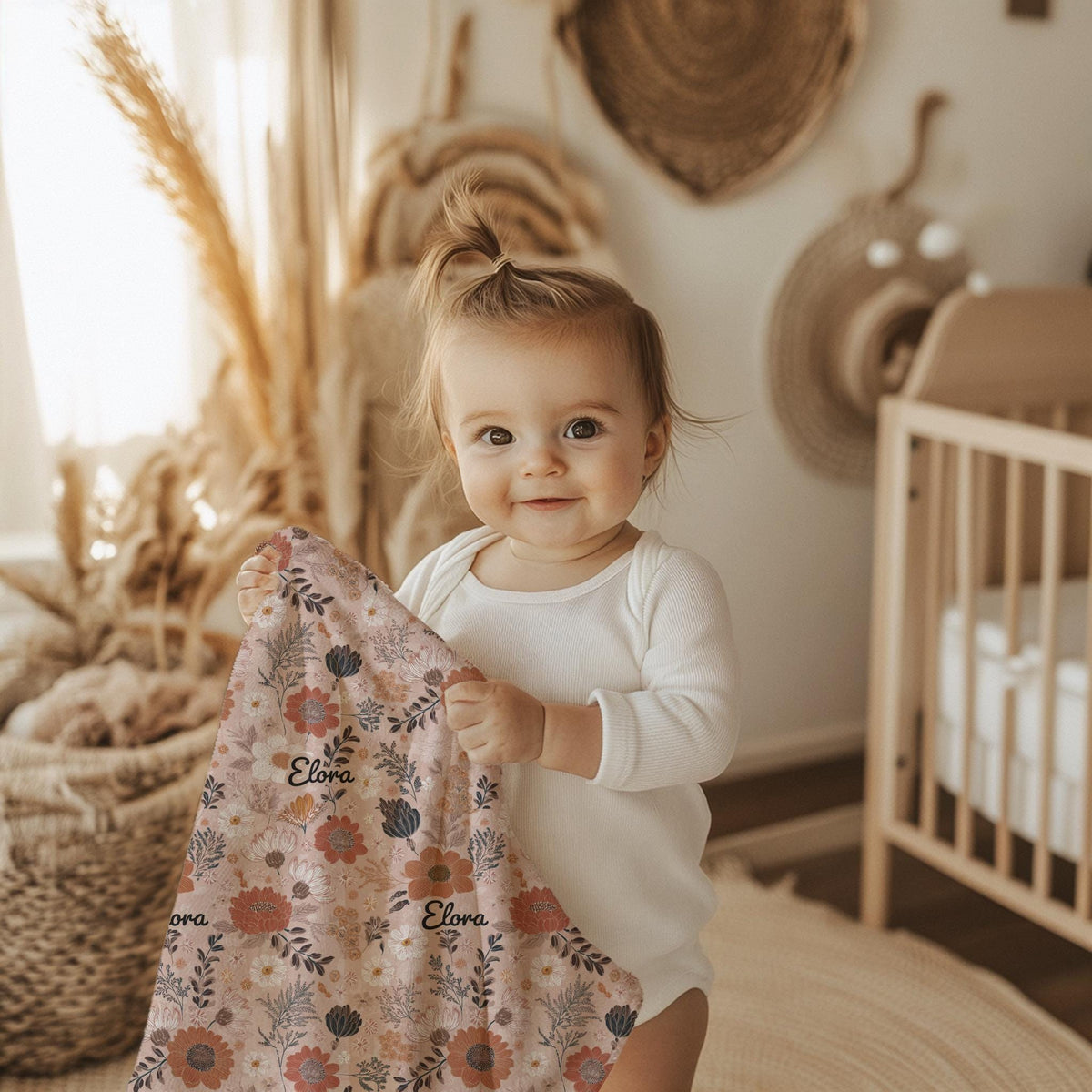 Personalized Boho Baby Blanket: Blush Pink Floral Minky, Custom Name