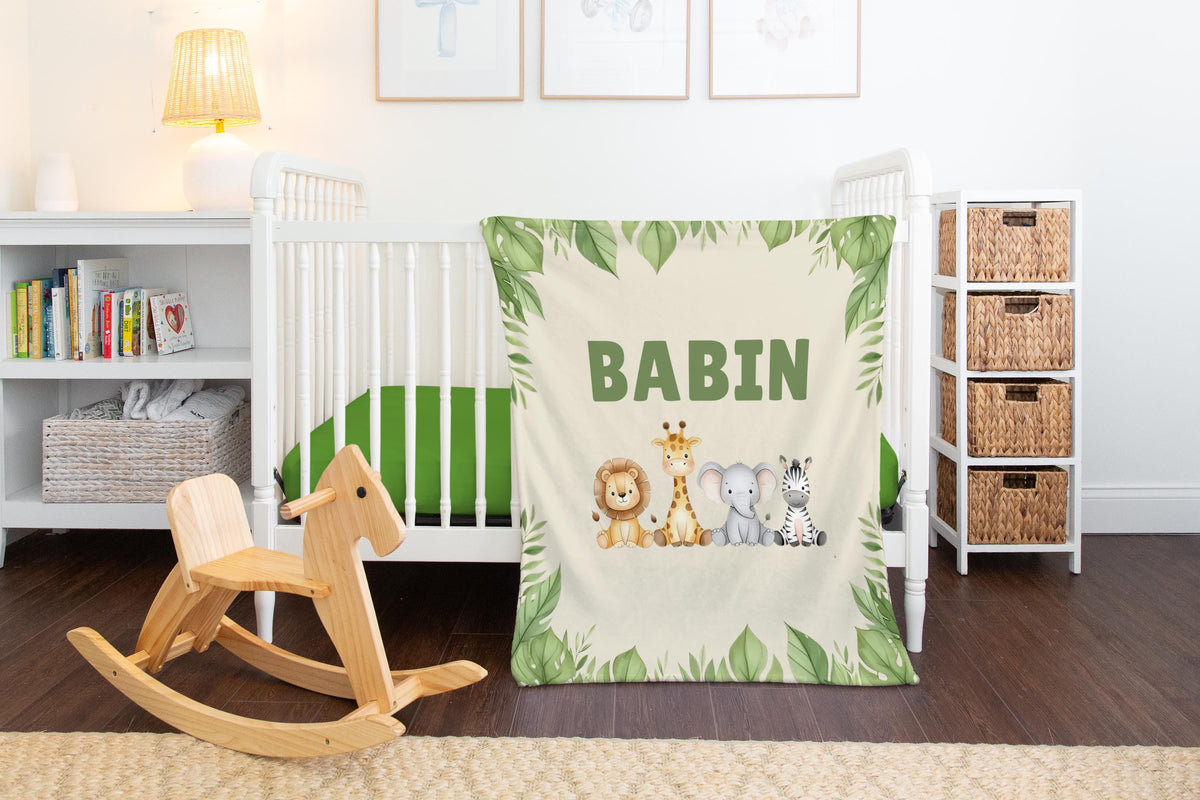 Personalized Safari Baby Blanket: Jungle Animals, Custom Name