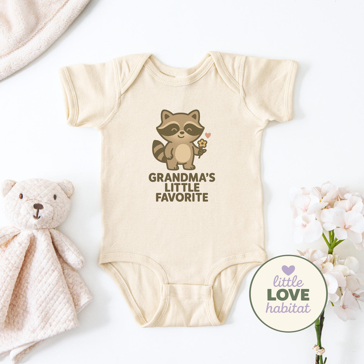 Grandma’s Little Favorite Baby Onesie | Cute Raccoon Bodysuit | Funny Baby Outfit | Grandma Gift | Little Love Habitat Baby C
