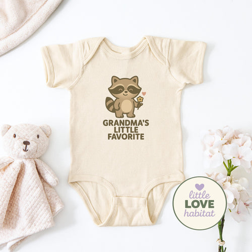 Grandma’s Little Favorite Baby Onesie | Cute Raccoon Bodysuit | Funny Baby Outfit | Grandma Gift | Little Love Habitat Baby C