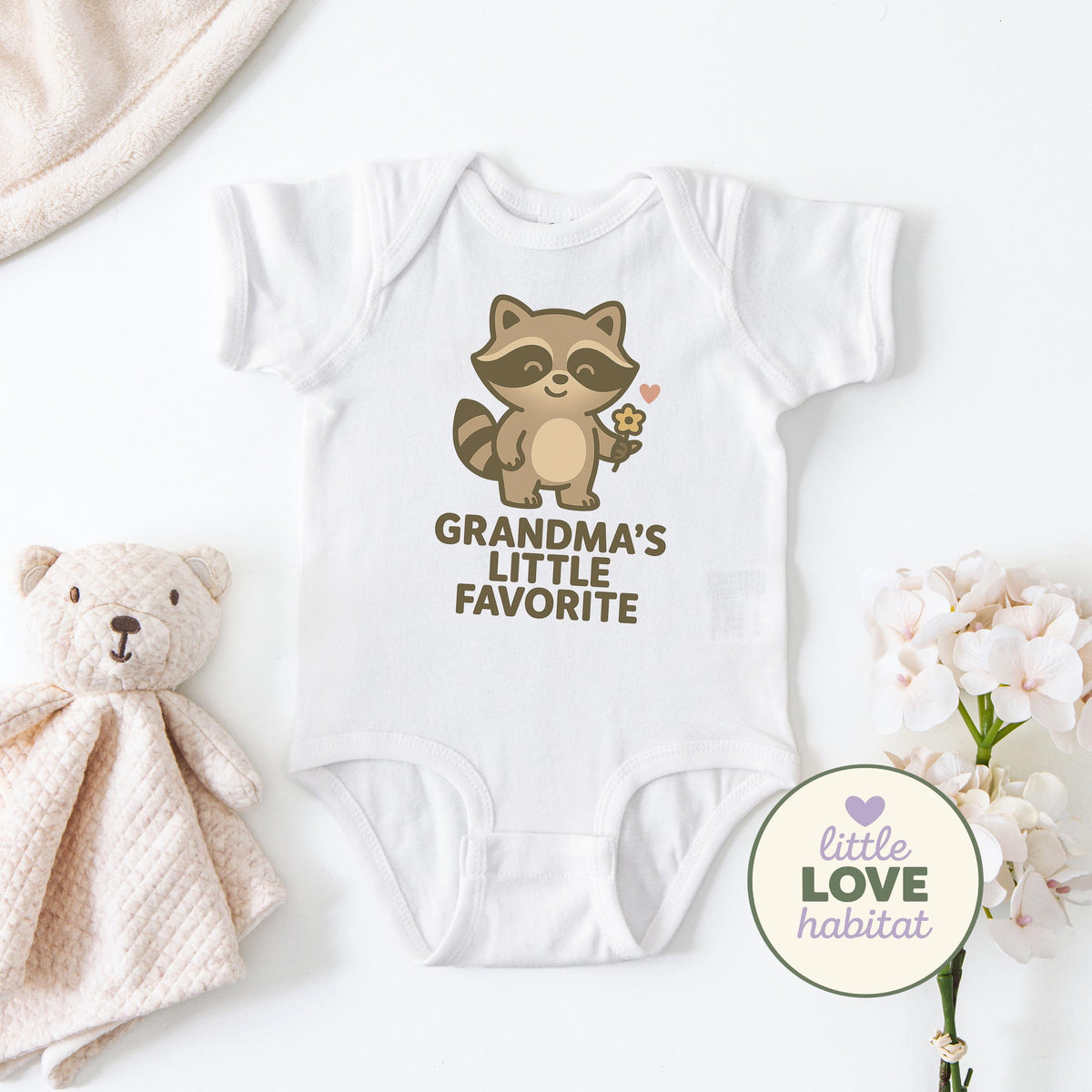 Grandma’s Little Favorite Baby Onesie | Cute Raccoon Bodysuit | Funny Baby Outfit | Grandma Gift | Little Love Habitat Baby C