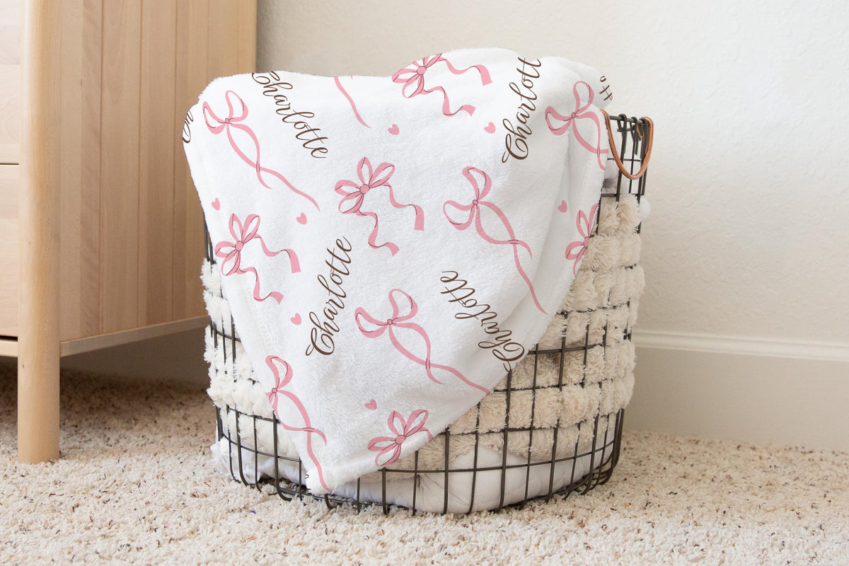 Coquette Pink Bow Personalized Blanket – Custom Name Soft Girl Throw