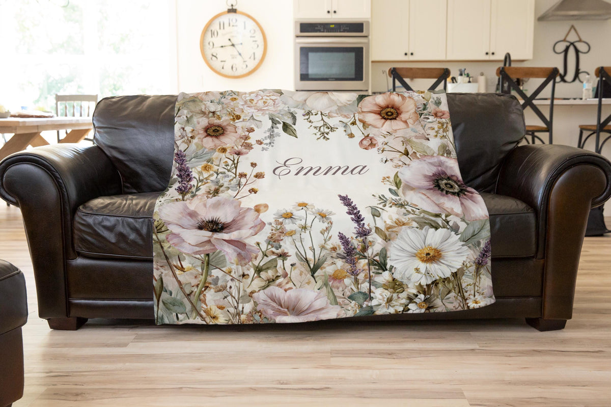 Personalized Floral Throw Blanket: Wildflower Cottagecore Decor, Custom Name Gift