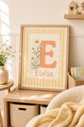 Personalized Daisy Initial Nursery Print, Custom Name Wall Art, Floral Letter Baby Girl Room Decor, Yellow Stripe Printable