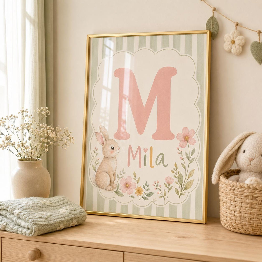 Personalized Bunny Initial Nursery Print, Custom Name Wall Art, Floral Baby Girl Room Decor, Green Stripe Printable