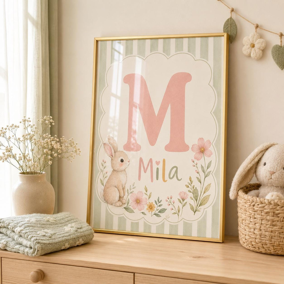 Personalized Bunny Initial Nursery Print, Custom Name Wall Art, Floral Baby Girl Room Decor, Green Stripe Printable