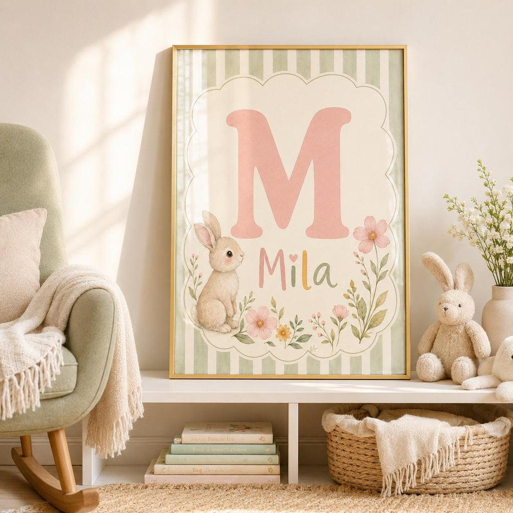 Personalized Bunny Initial Nursery Print, Custom Name Wall Art, Floral Baby Girl Room Decor, Green Stripe Printable
