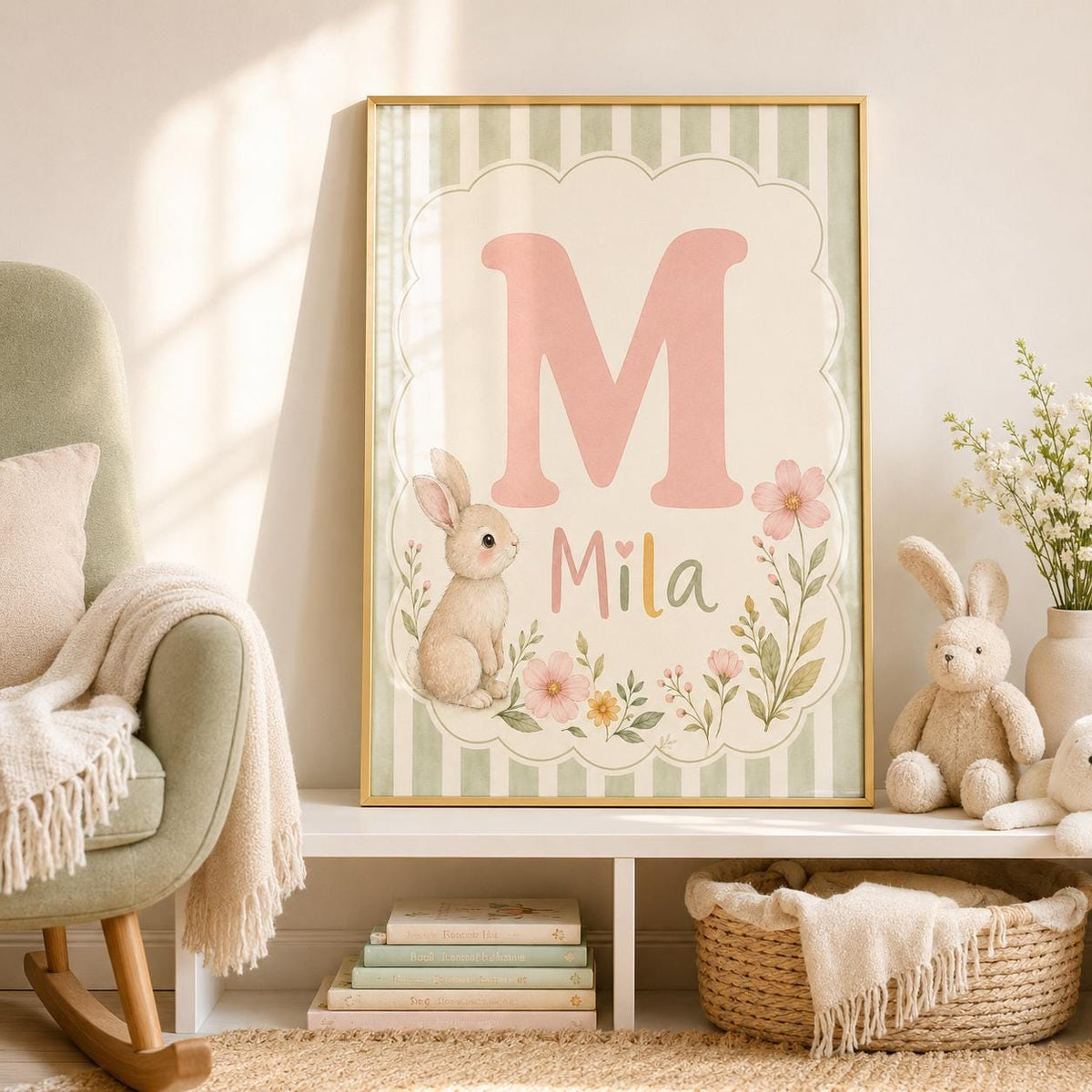 Personalized Bunny Initial Nursery Print, Custom Name Wall Art, Floral Baby Girl Room Decor, Green Stripe Printable