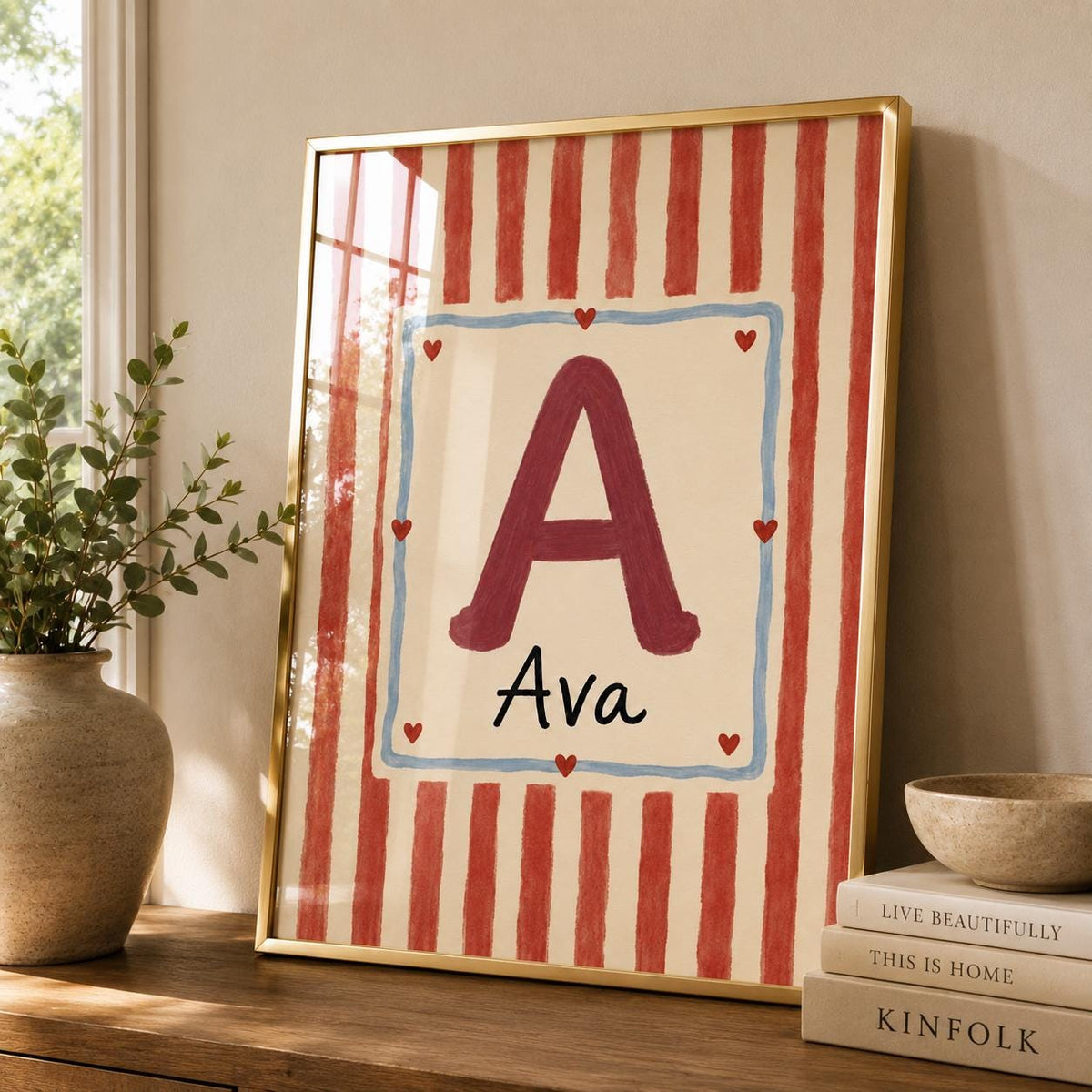 Personalized Initial Nursery Print, Custom Name Wall Art,  Name Print, Red Stripe Kids Room Decor