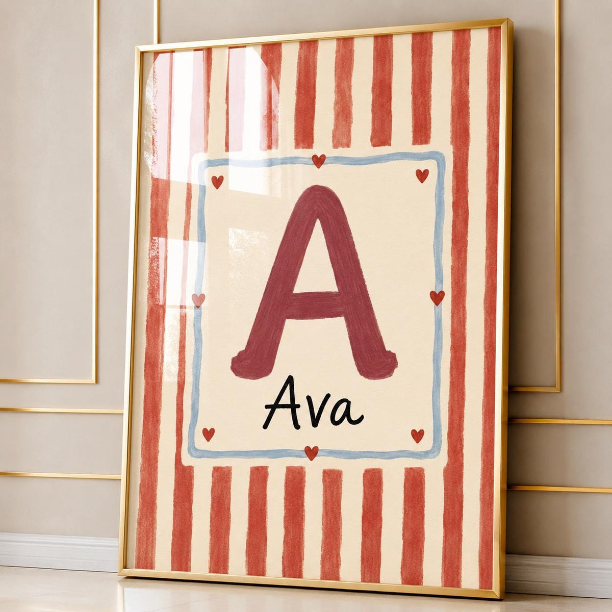 Personalized Initial Nursery Print, Custom Name Wall Art,  Name Print, Red Stripe Kids Room Decor