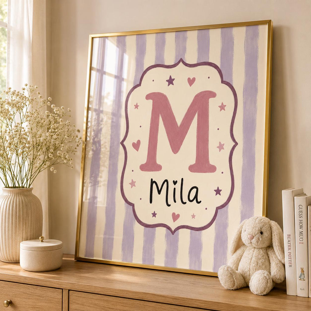 Custom Name Nursery Print, Personalized Kids Wall Art, Initial Name Poster, Lilac Stripe Baby Girl Room Decor Printable
