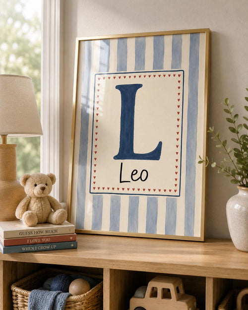 Custom Name Nursery Print, Personalized Initial Wall Art, Blue Stripe Baby Boy Name Poster, Kids Room Decor Printable