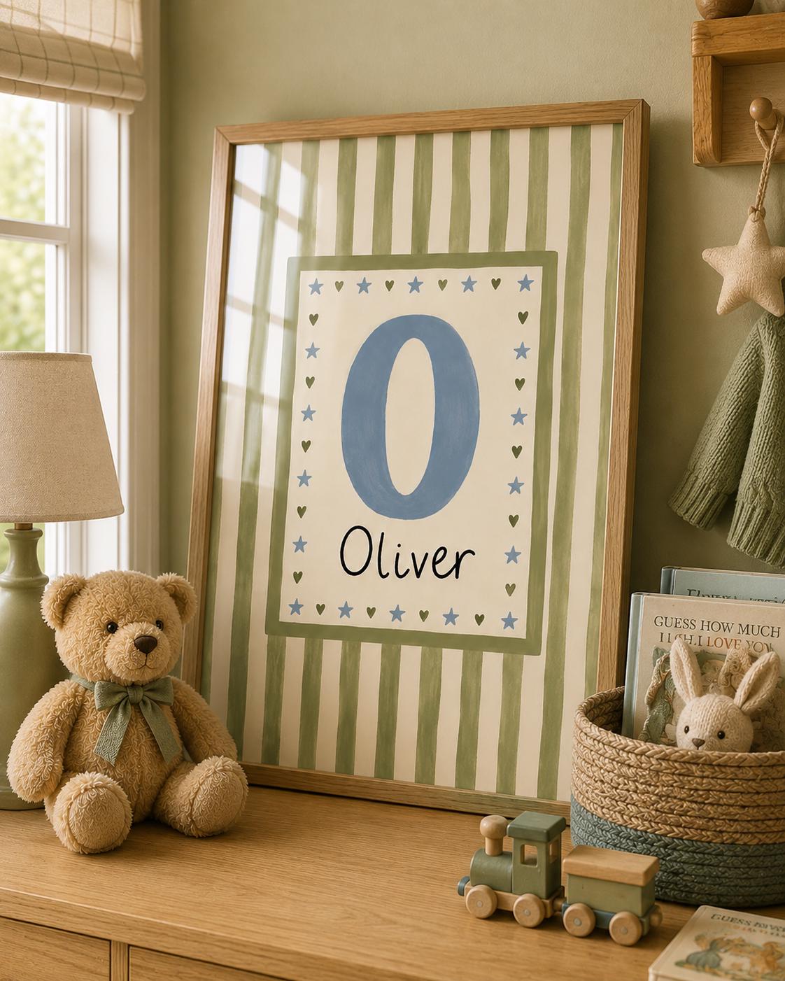 Custom Name Nursery Print, Personalized Initial Wall Art, Green Stripe Baby Boy Name Poster, Kids Room Decor Printable