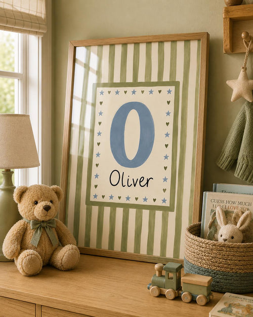 Custom Name Nursery Print, Personalized Initial Wall Art, Green Stripe Baby Boy Name Poster, Kids Room Decor Printable