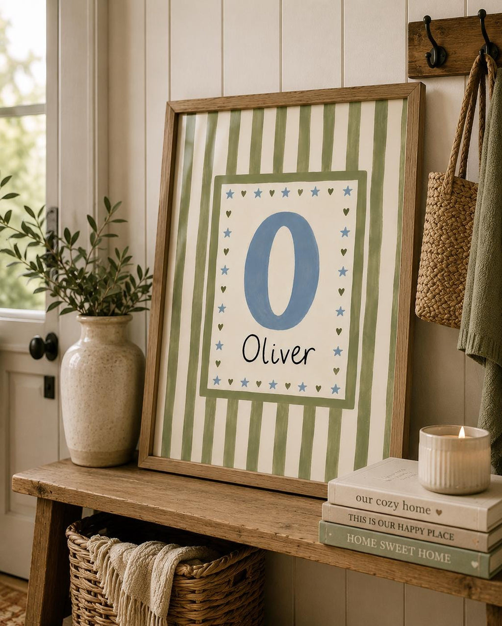 Custom Name Nursery Print, Personalized Initial Wall Art, Green Stripe Baby Boy Name Poster, Kids Room Decor Printable