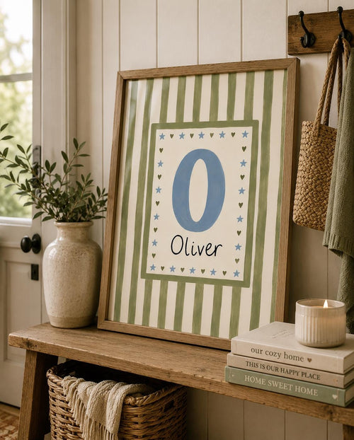 Custom Name Nursery Print, Personalized Initial Wall Art, Green Stripe Baby Boy Name Poster, Kids Room Decor Printable