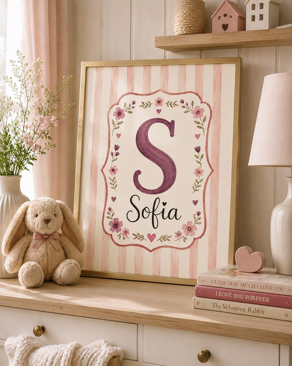 Custom Name Nursery Print, Personalized Initial Wall Art, Pink Floral Baby Girl Name Poster, Kids Room Decor Printable