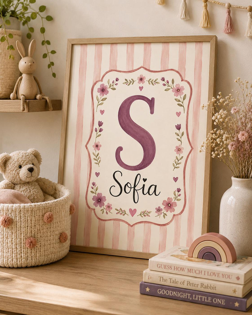 Custom Name Nursery Print, Personalized Initial Wall Art, Pink Floral Baby Girl Name Poster, Kids Room Decor Printable