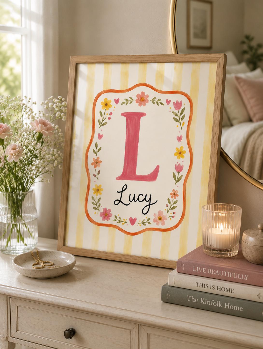 Custom Name Nursery Print, Personalized Initial Wall Art, Yellow Floral Baby Girl Name Poster, Kids Room Decor Printable