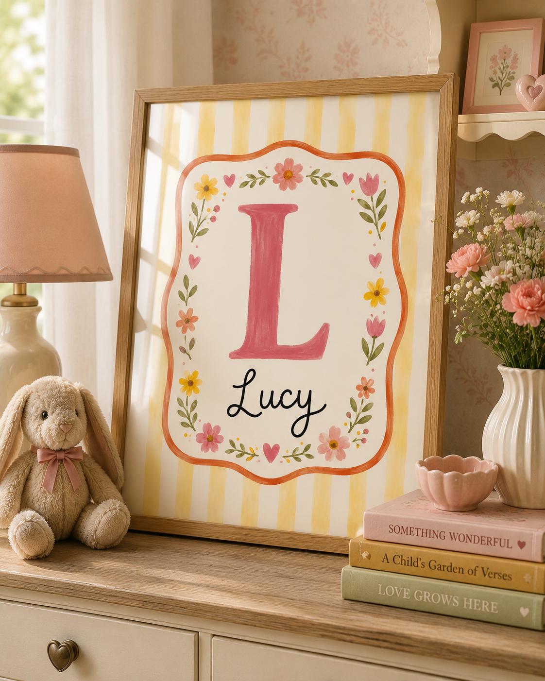 Custom Name Nursery Print, Personalized Initial Wall Art, Yellow Floral Baby Girl Name Poster, Kids Room Decor Printable