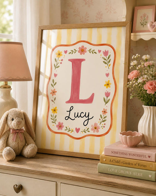 Custom Name Nursery Print, Personalized Initial Wall Art, Yellow Floral Baby Girl Name Poster, Kids Room Decor Printable