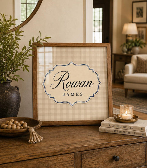 Custom Name Nursery Print, Personalized Baby Boy Wall Art, Gingham Name Poster, Vintage Label Kids Room Decor Printable