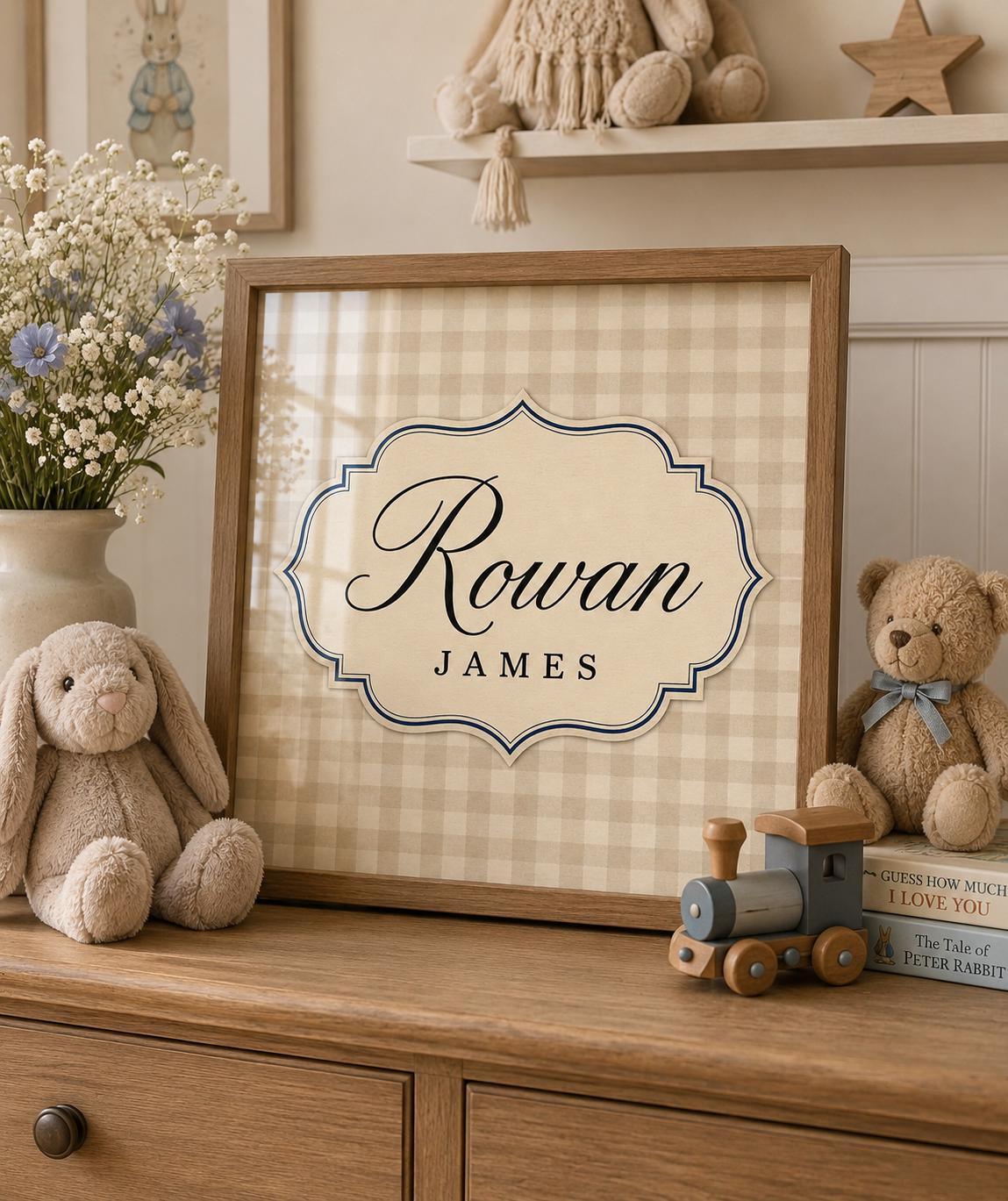 Custom Name Nursery Print, Personalized Baby Boy Wall Art, Gingham Name Poster, Vintage Label Kids Room Decor Printable