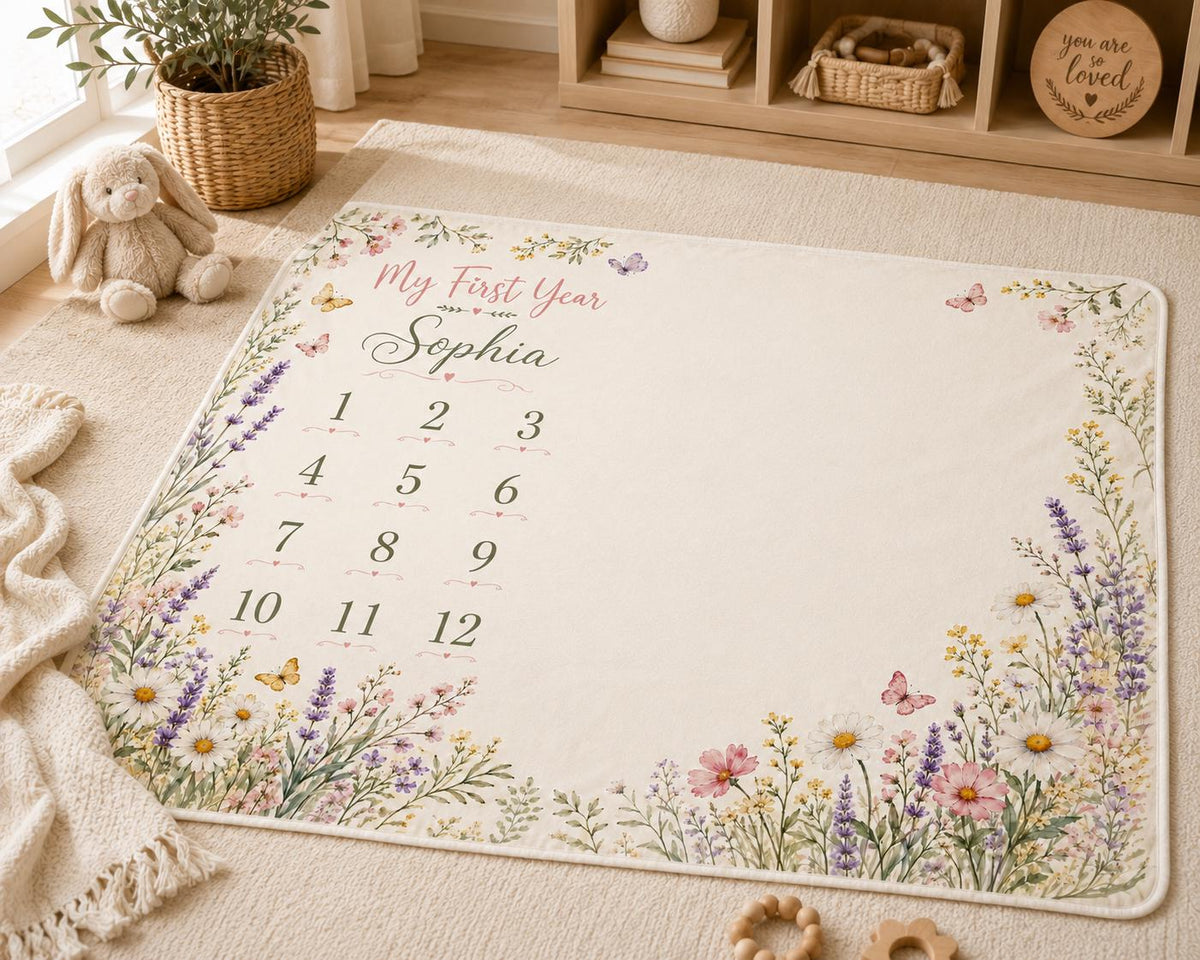 Personalized Baby Milestone Blanket, Wildflower Monthly Milestone Blanket, Floral Baby Blanket, Custom Baby Name Blanket, Bab