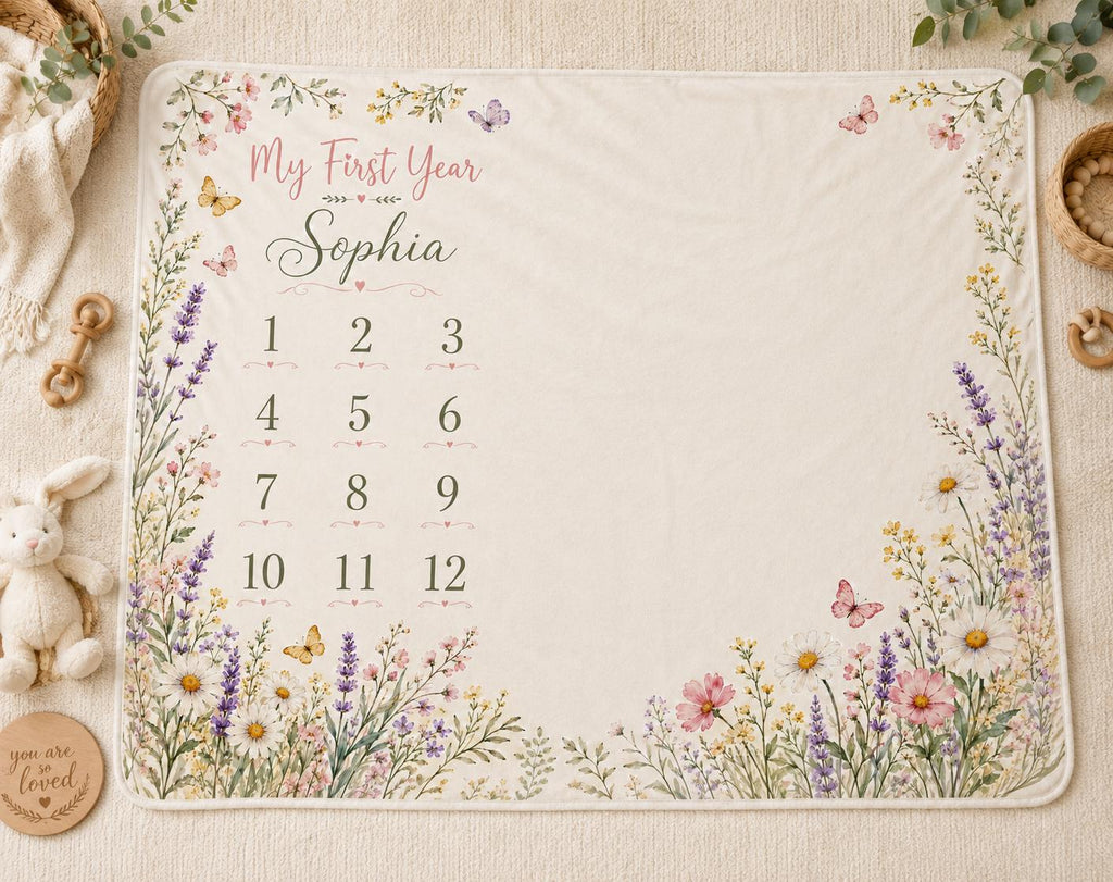 Personalized Baby Milestone Blanket, Wildflower Monthly Milestone Blanket, Floral Baby Blanket, Custom Baby Name Blanket, Bab