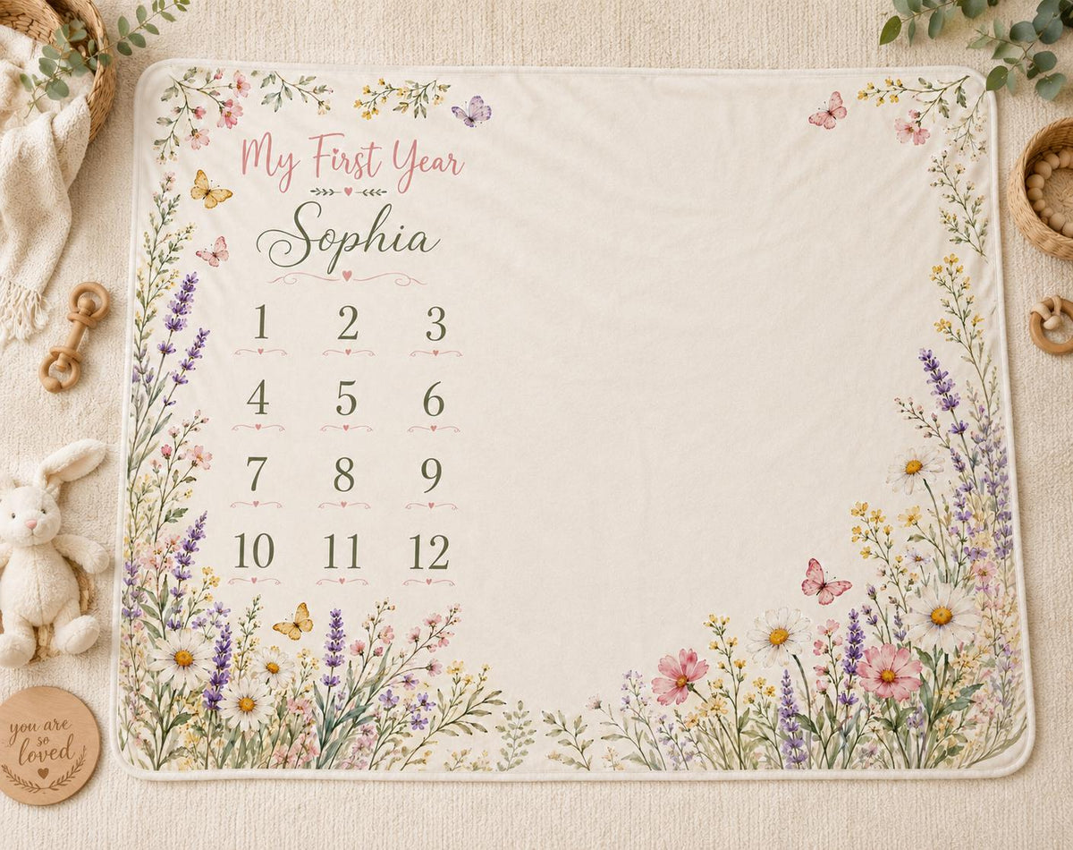 Personalized Baby Milestone Blanket, Wildflower Monthly Milestone Blanket, Floral Baby Blanket, Custom Baby Name Blanket, Bab