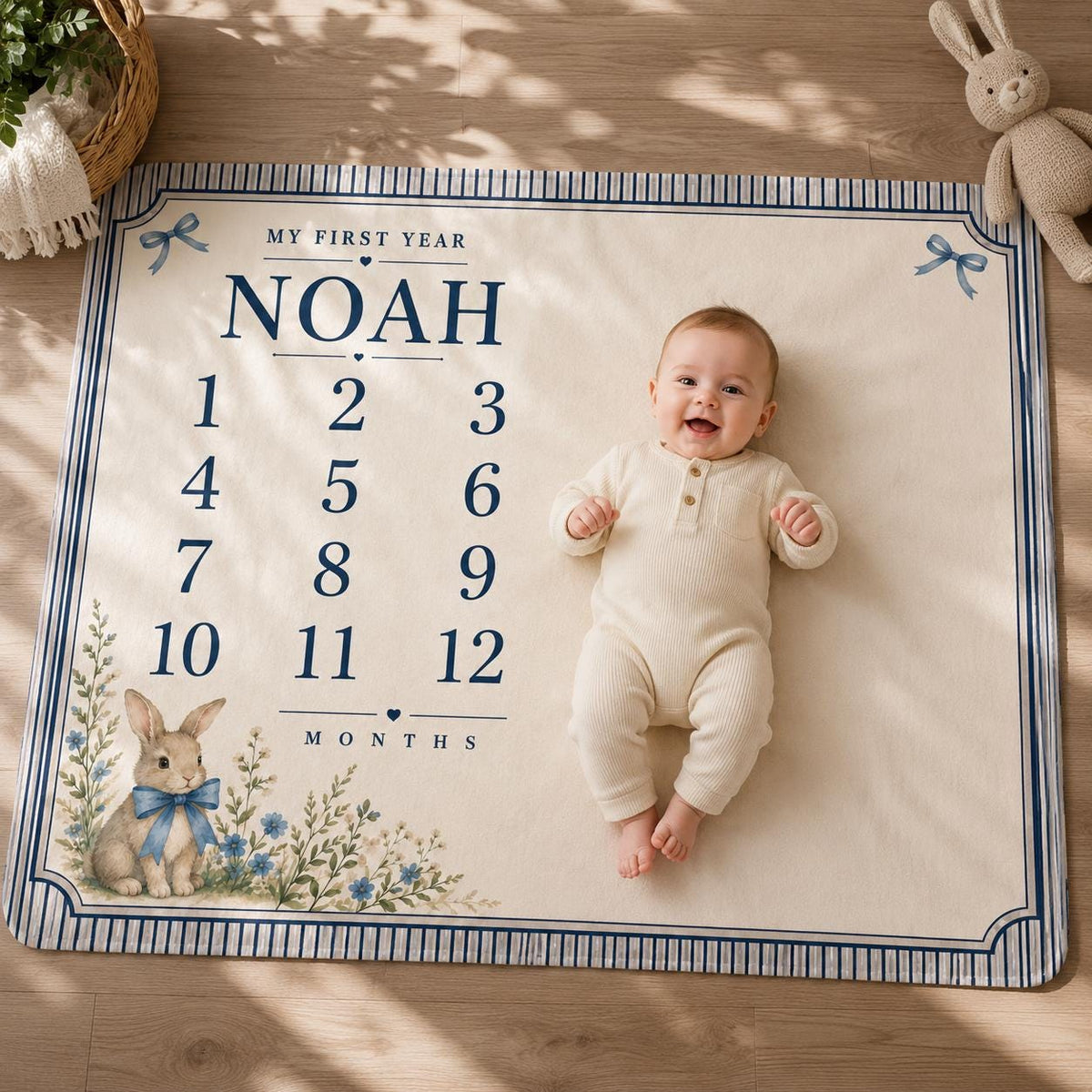 Personalized Baby Milestone Blanket Boy, Blue Bunny Monthly Milestone Blanket, Custom Baby Name Blanket, My First Year Blanke
