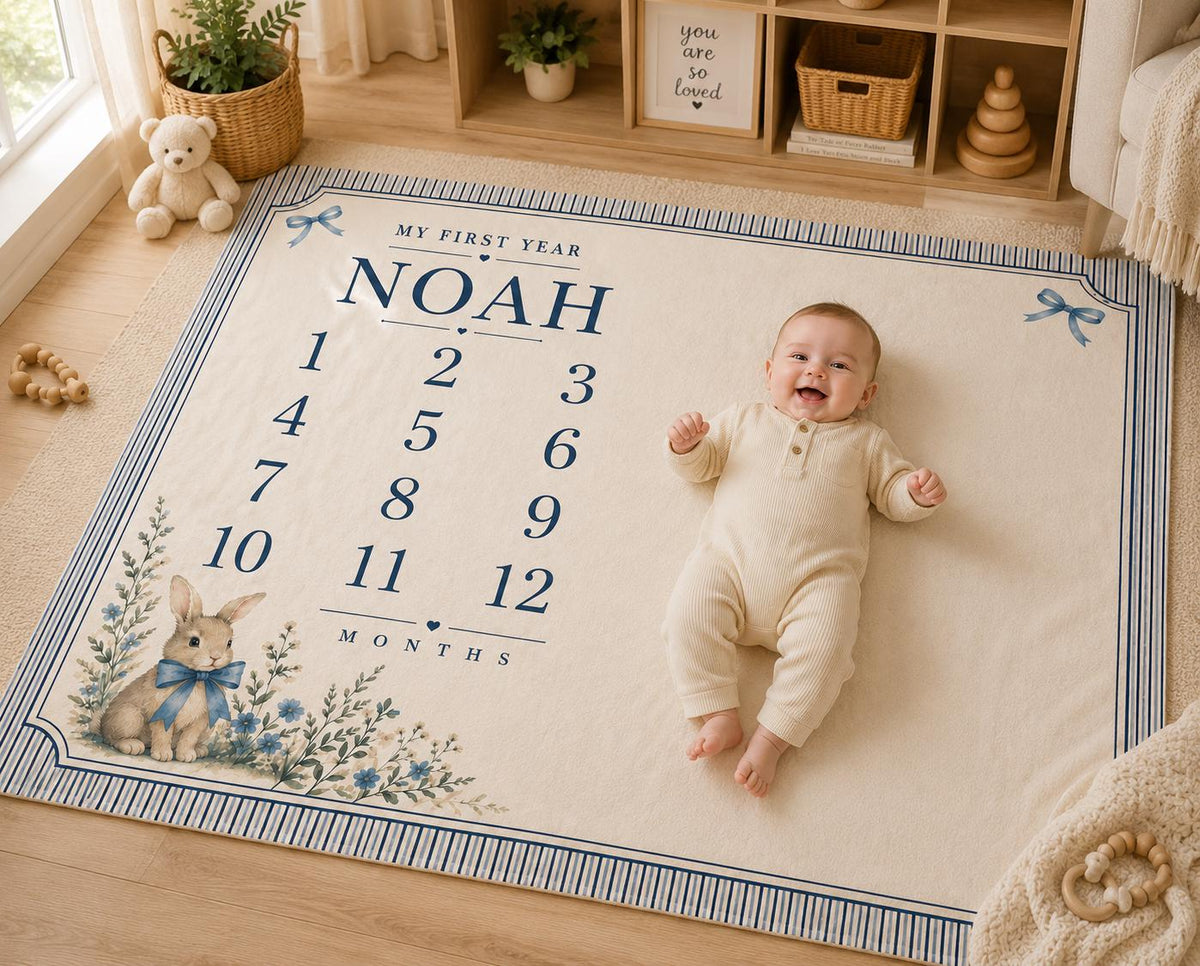 Personalized Baby Milestone Blanket Boy, Blue Bunny Monthly Milestone Blanket, Custom Baby Name Blanket, My First Year Blanke