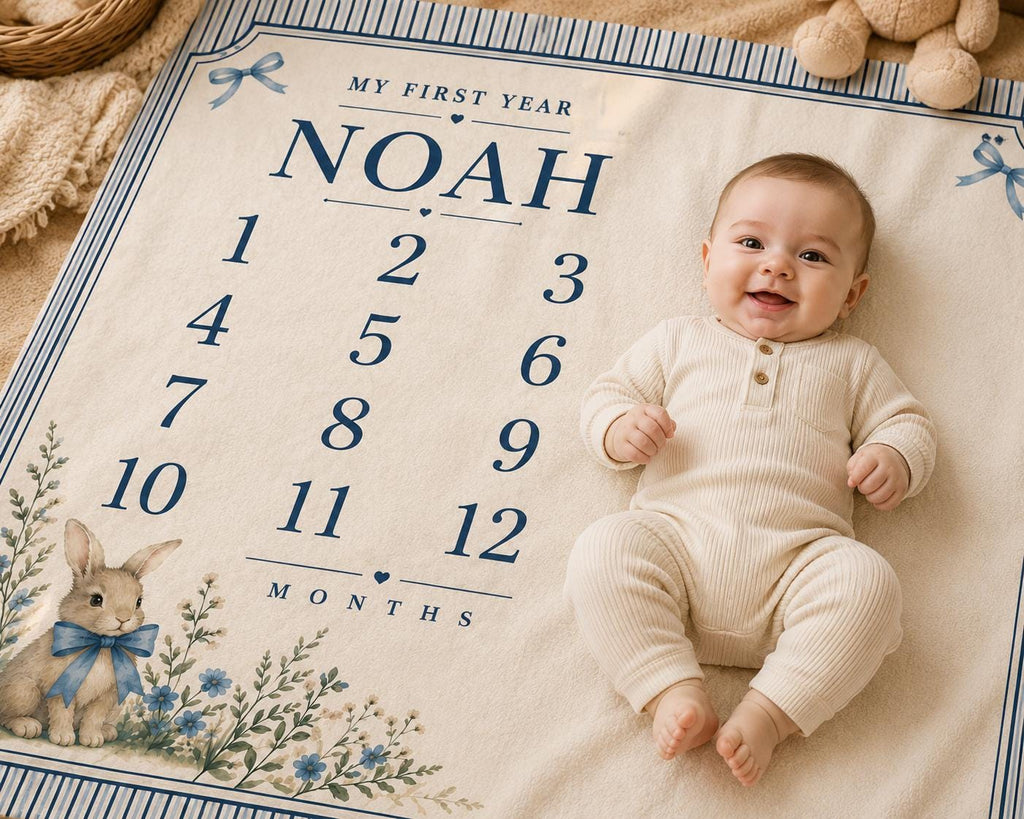 Personalized Baby Milestone Blanket Boy, Blue Bunny Monthly Milestone Blanket, Custom Baby Name Blanket, My First Year Blanke