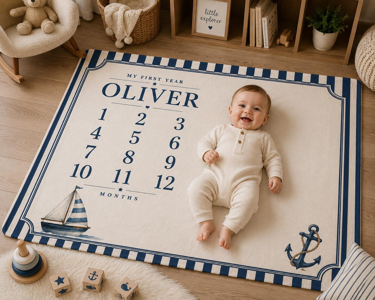 Personalized Nautical Baby Milestone Blanket, Sailboat Monthly Milestone Blanket, Custom Baby Name Blanket, First Year Baby B