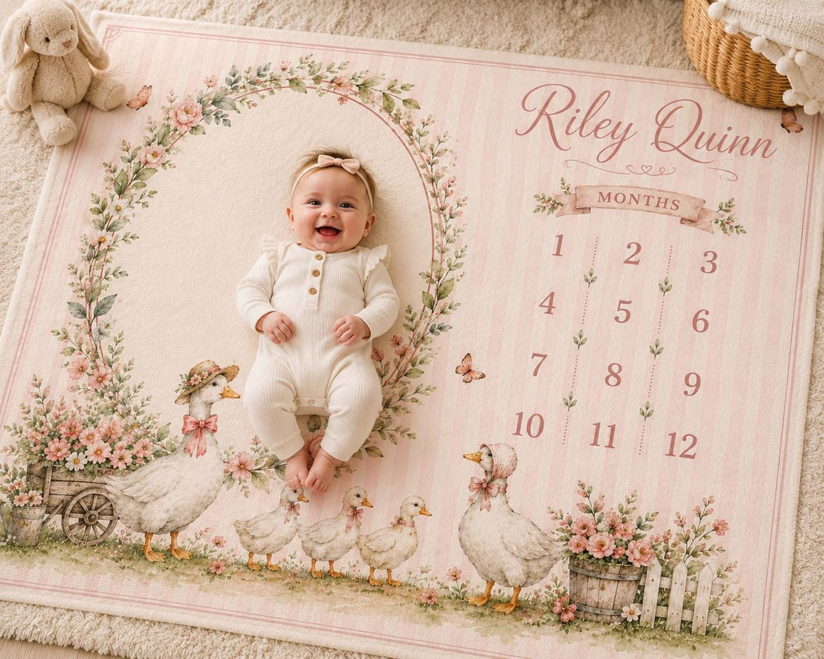 Personalized Goose Baby Milestone Blanket, Pink Floral Monthly Milestone Blanket, Custom Baby Name Blanket, Baby Girl First Y