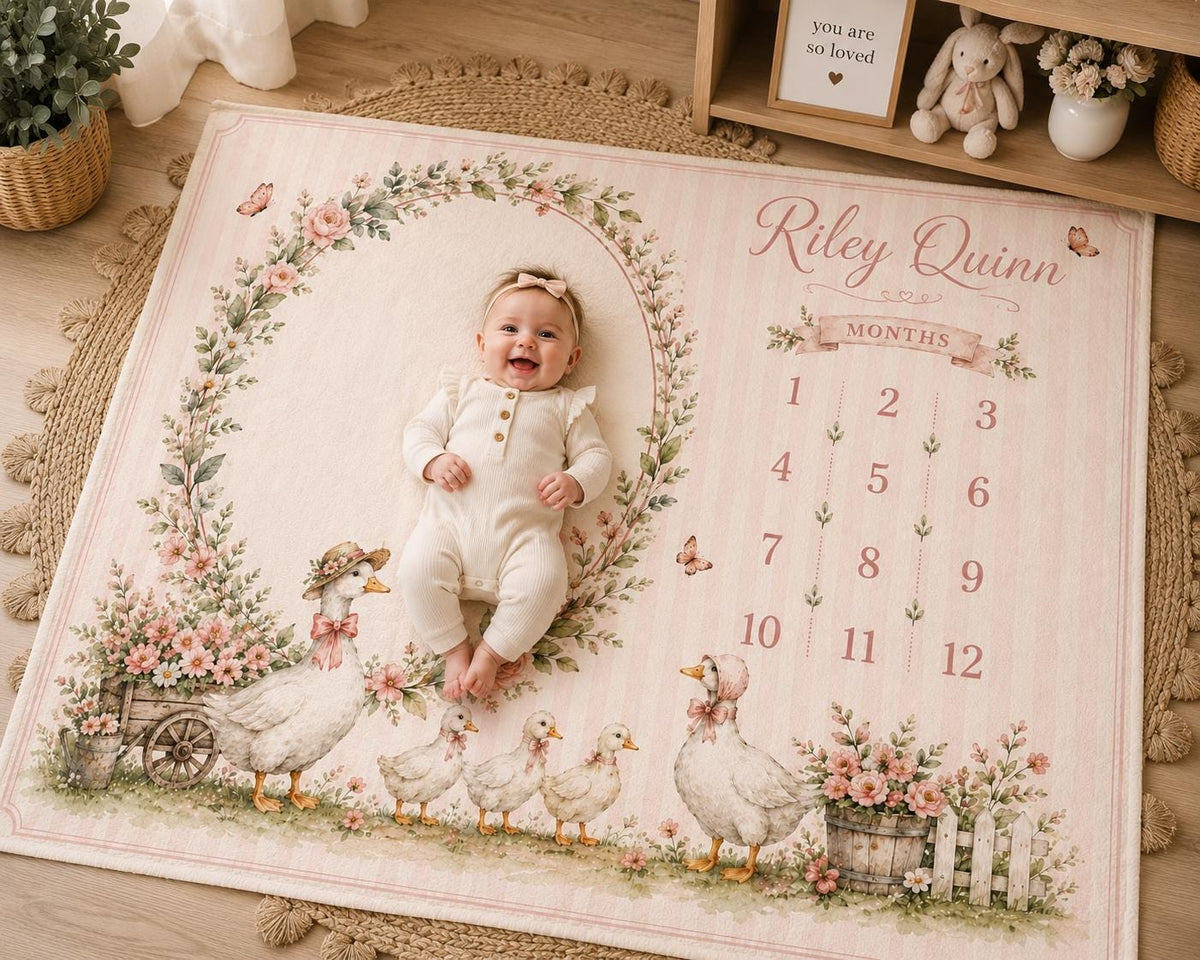 Personalized Goose Baby Milestone Blanket, Pink Floral Monthly Milestone Blanket, Custom Baby Name Blanket, Baby Girl First Y