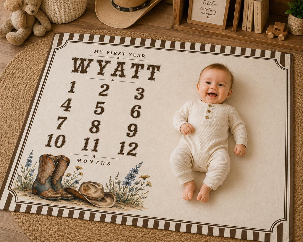 Personalized Cowboy Baby Milestone Blanket, Western Monthly Milestone Blanket, Custom Baby Name Blanket, Cowboy Boots Baby Bl