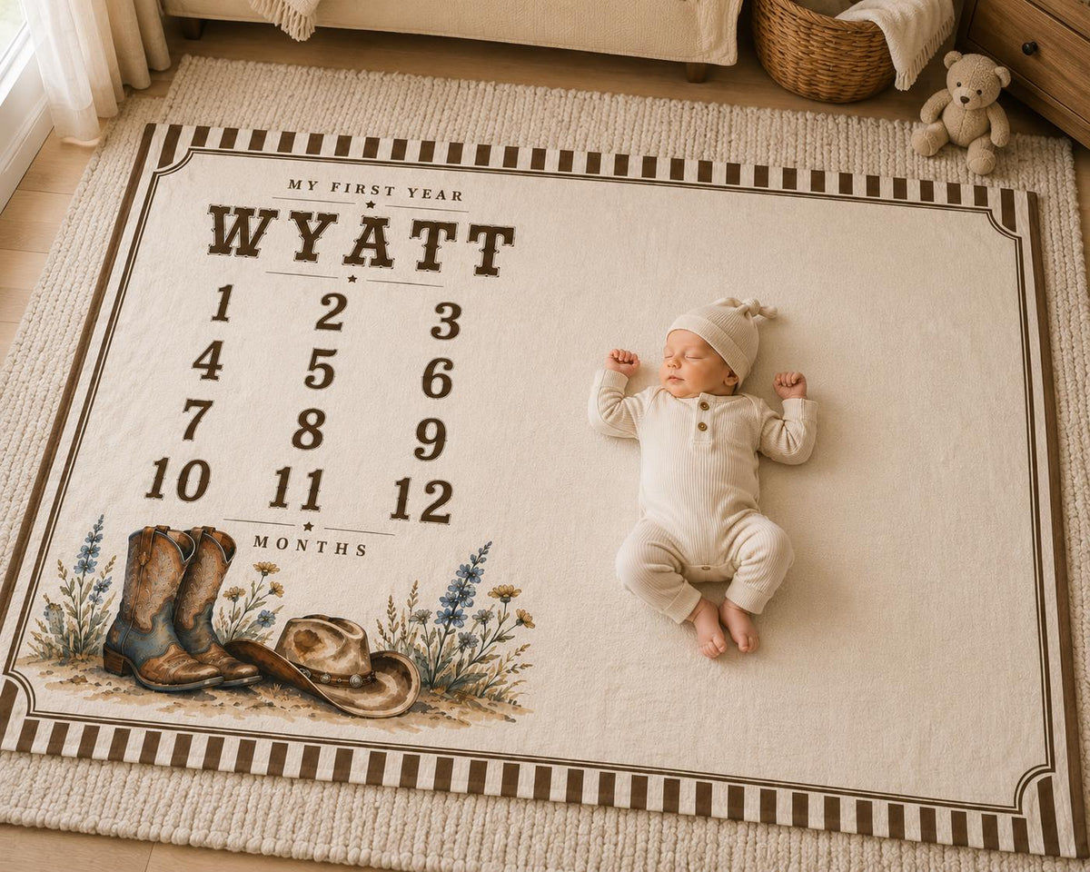 Personalized Cowboy Baby Milestone Blanket, Western Monthly Milestone Blanket, Custom Baby Name Blanket, Cowboy Boots Baby Bl