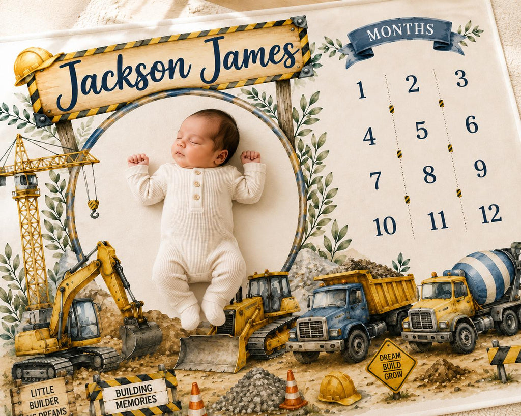Personalized Construction Baby Milestone Blanket, Construction Truck Monthly Milestone Blanket, Custom Baby Name Blanket, Fir