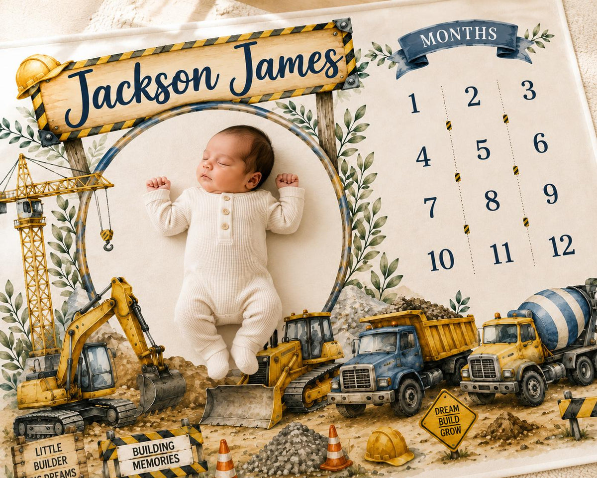 Personalized Construction Baby Milestone Blanket, Construction Truck Monthly Milestone Blanket, Custom Baby Name Blanket, Fir