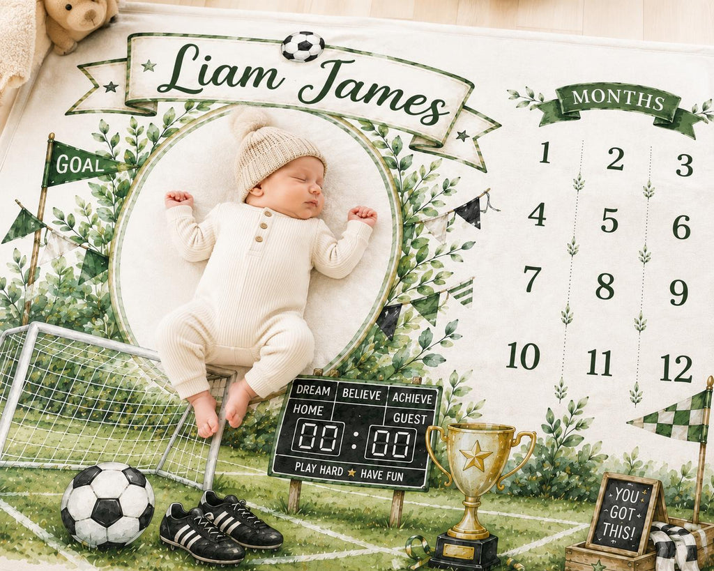 Personalized Soccer Baby Milestone Blanket, Sports Monthly Milestone Blanket, Custom Baby Name Blanket, Soccer Baby First Yea