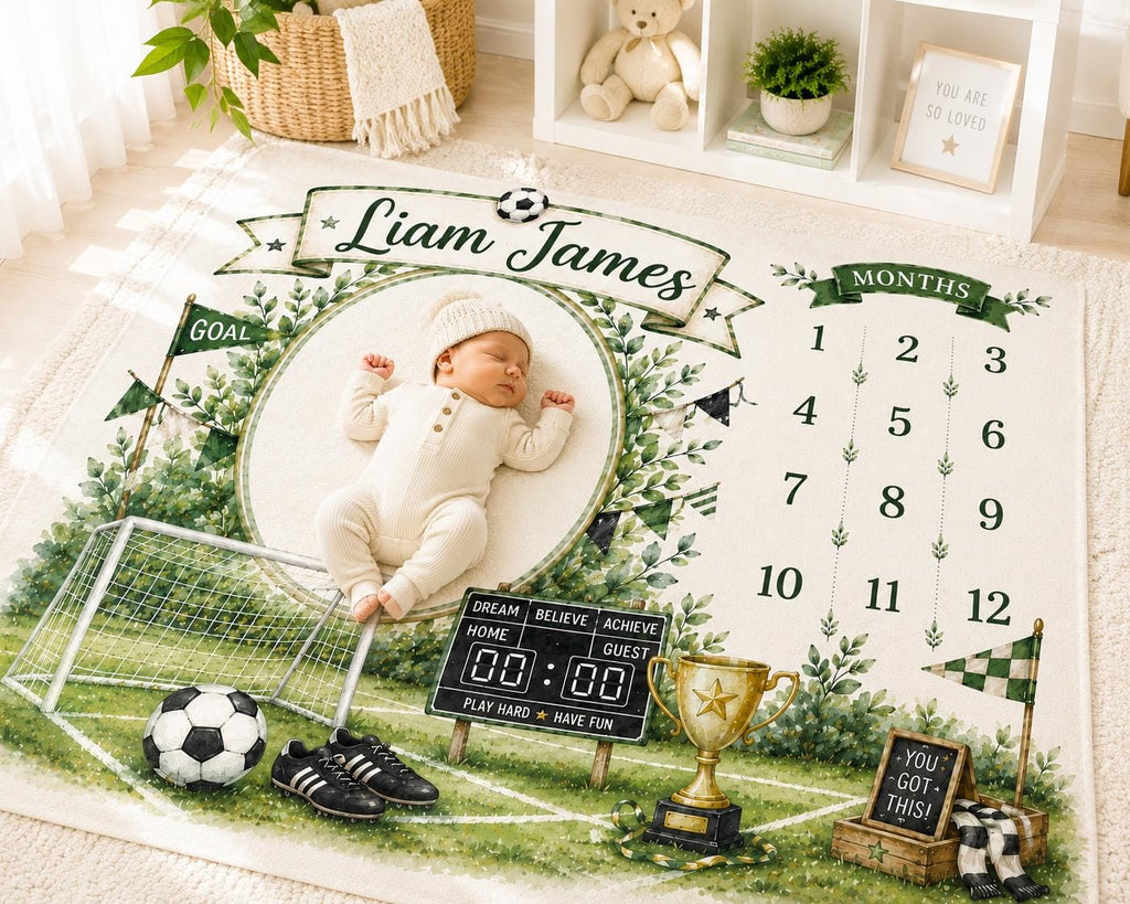 Personalized Soccer Baby Milestone Blanket, Sports Monthly Milestone Blanket, Custom Baby Name Blanket, Soccer Baby First Yea