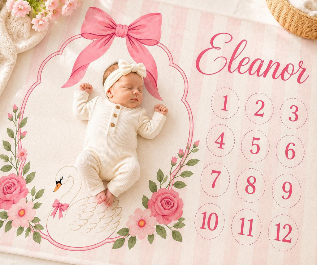 Personalized Baby Girl Milestone Blanket, Pink Bow Monthly Milestone Blanket, Swan Baby Blanket, Custom Baby Name Blanket, Ba