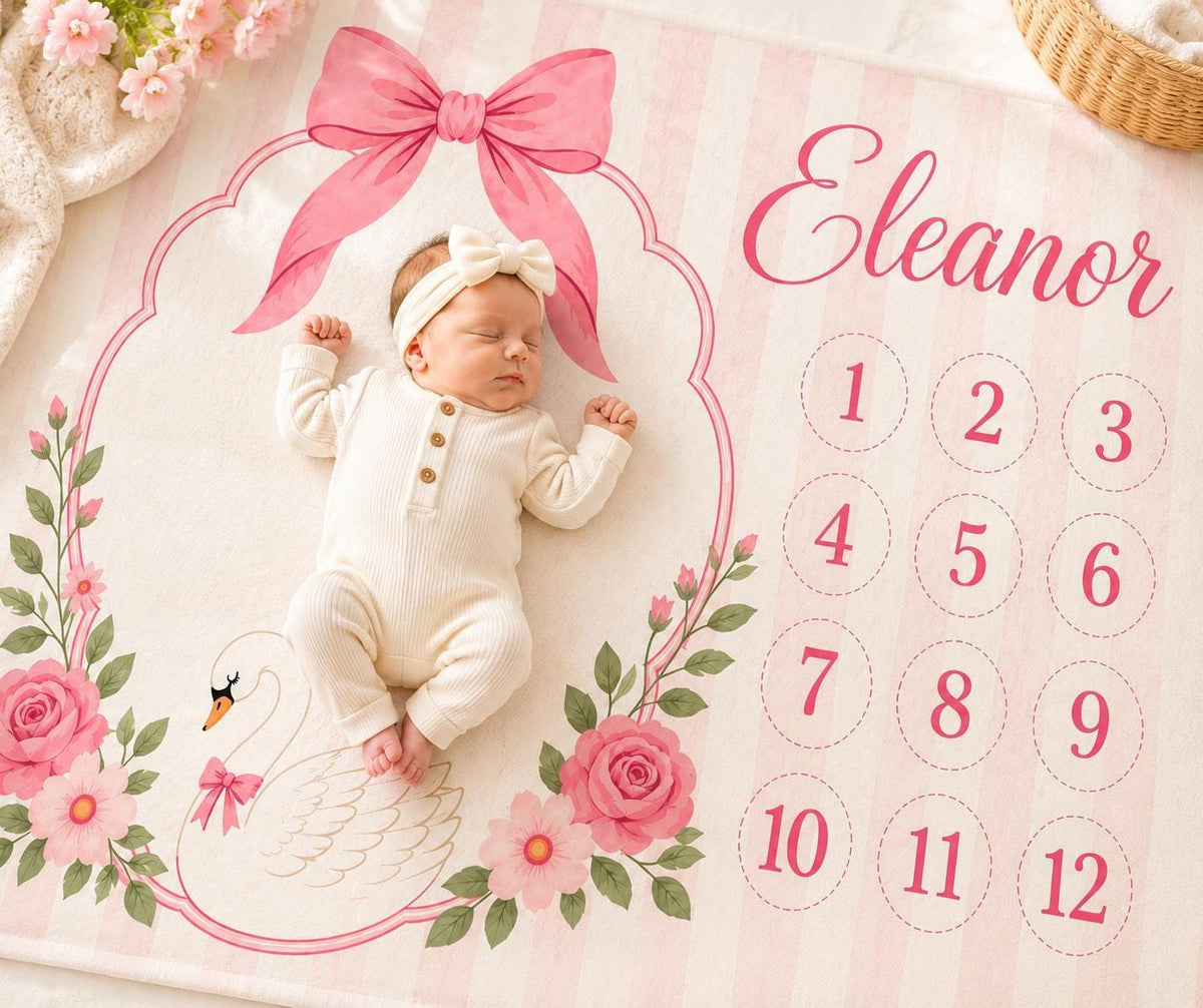 Personalized Baby Girl Milestone Blanket, Pink Bow Monthly Milestone Blanket, Swan Baby Blanket, Custom Baby Name Blanket, Ba